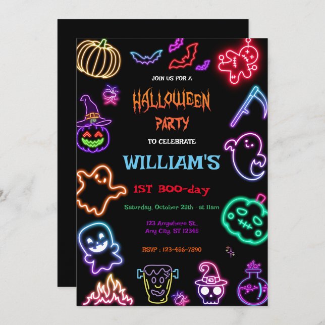 Halloween Neon Kids Birthday Party Glow Dark  Inbjudningar (Fram/baksida)