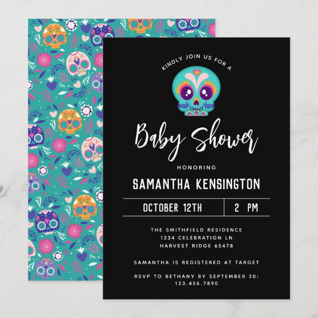 Halloween Neutral Sugar Skull Baby Shower Inbjudningar (Fram/baksida)