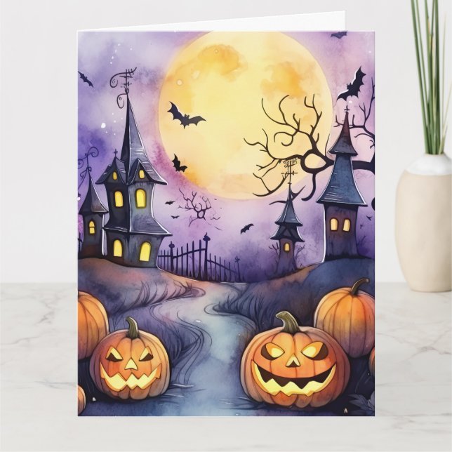 Halloween Night Jack O'Lanternes Fladdermus Cemete Kort (Framsida)