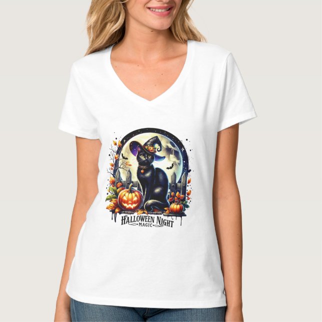 "Halloween Night Magic" Black Cat Shirt T Shirt (Framsida)