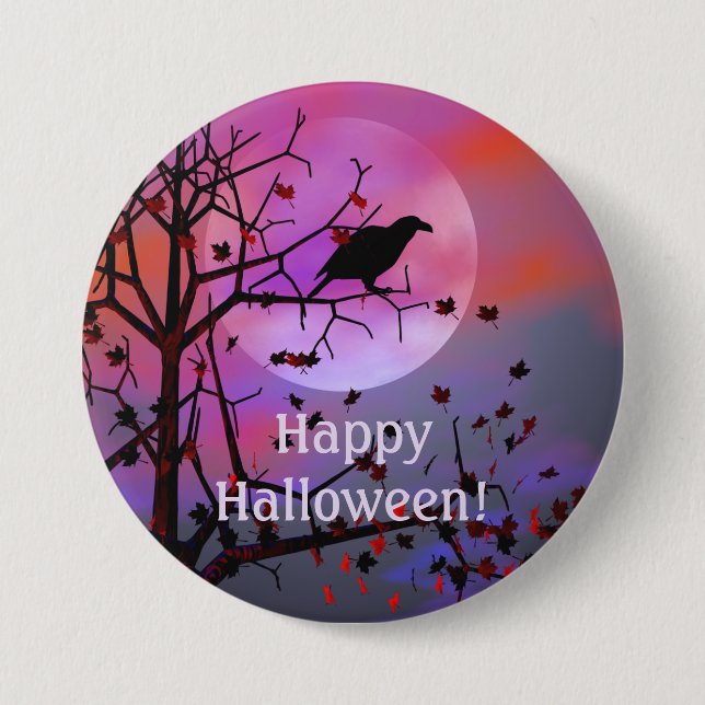 Halloween Night Raven i Träd Knapp (Framsida)