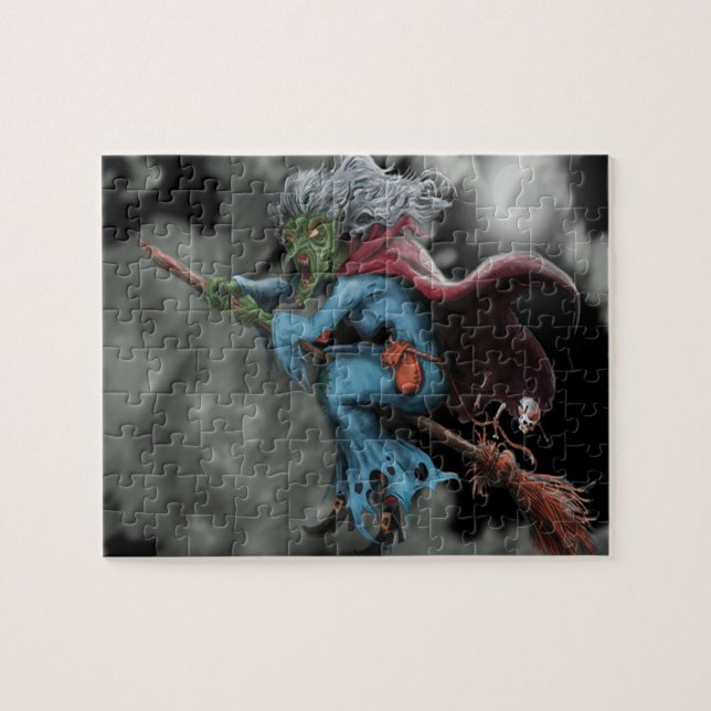 Halloween Night Scary Flies Witch Skull Pussel (Horisontell)