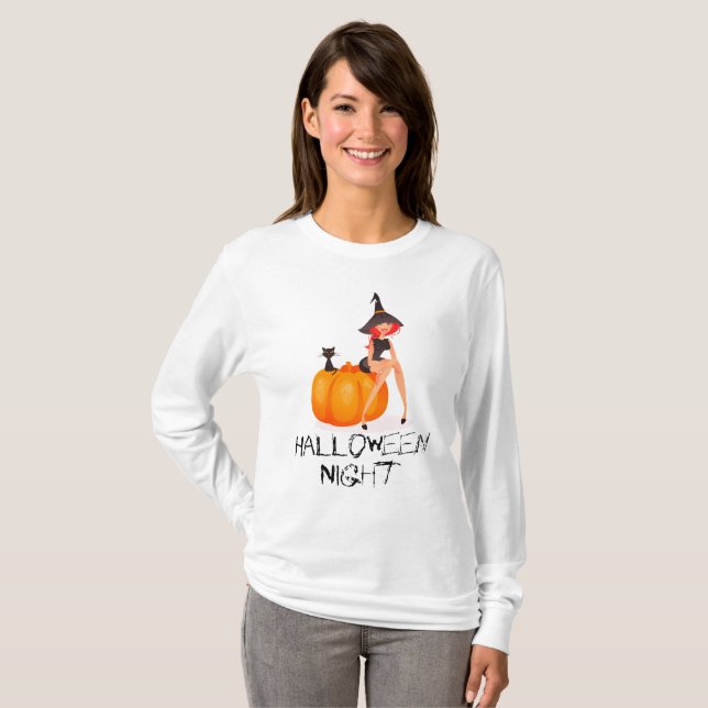 Halloween Night Witch Pumpkin Långärmad T-Shirt (Hel framsida)