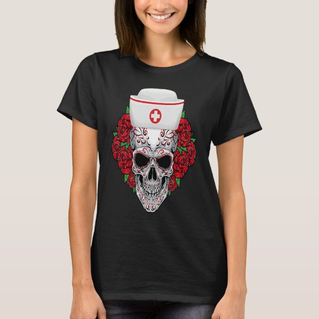 Halloween Nurse Sugar Skull Day of the Dead T Shirt (Framsida)