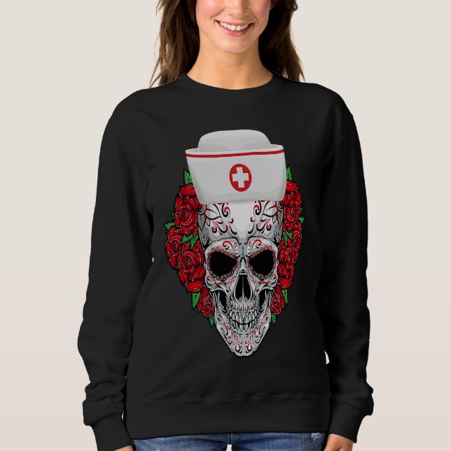 Halloween Nurse Sugar Skull Day of the Dead T Shirt (Framsida)