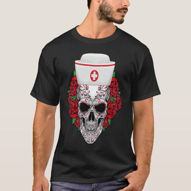 Halloween Nurse Sugar Skull Day of the Dead T Shirt (Framsida)
