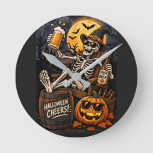 Halloween Öl Skelett, en rolig & läskig väggklocka