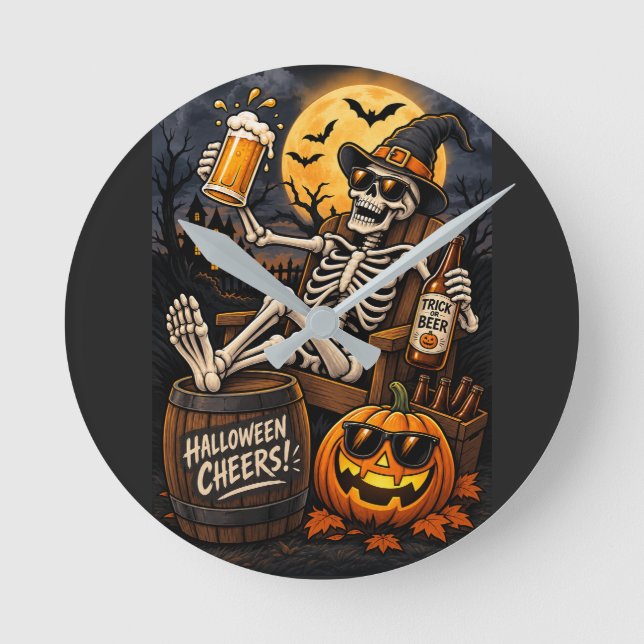 Halloween Öl Skelett, en rolig & läskig väggklocka (Framsida)