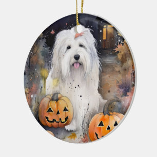Halloween Old English Sheepdog Med Pumpa Skräckinj Julgransprydnad Keramik