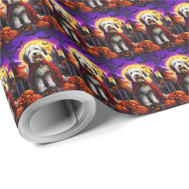 Halloween Old English Sheepdog Vampyr Pumpor Presentpapper (Rulle Hörn)