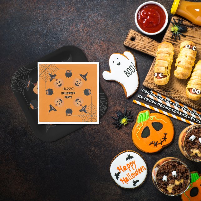 Halloween Orange & Black Personlig Napkins Pappersservett (Halloween Black & Orange Personalised Paper Napkins.)