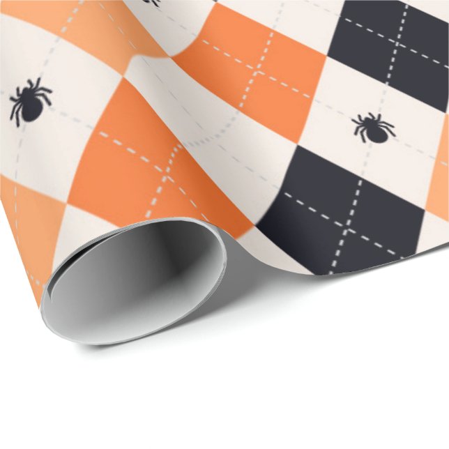 Halloween Orange & Black Spider Argyle Mönster Presentpapper (Rullad Hörn)