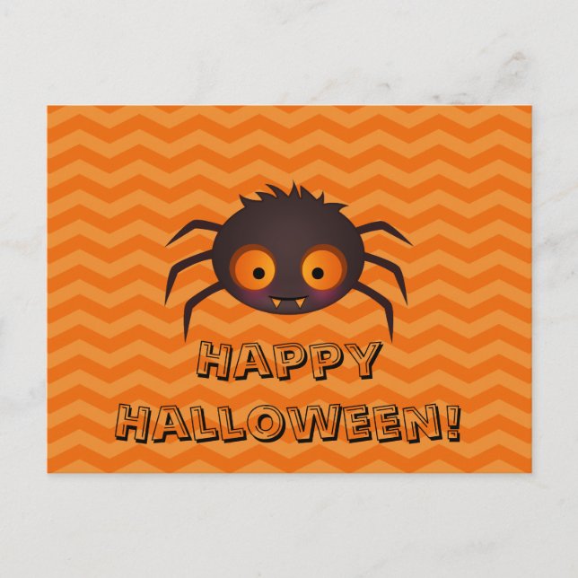 Halloween Orange Chevron Cute Spider Design Vykort (Framsida)