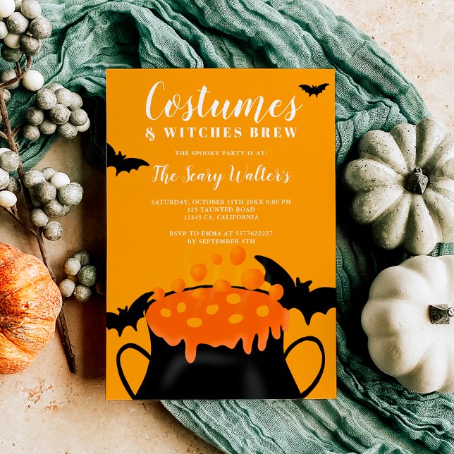 Halloween-orange-fladdermöss kostar party inbjudningar (Halloween orange potion bats costume party invitation)