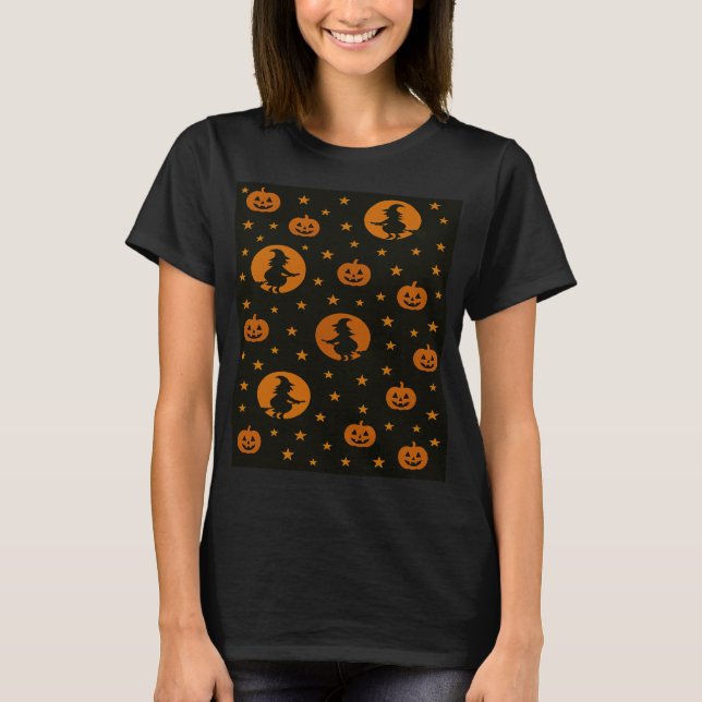 Halloween Orange Flying Witch and Pumpkins T Shirt (Framsida)