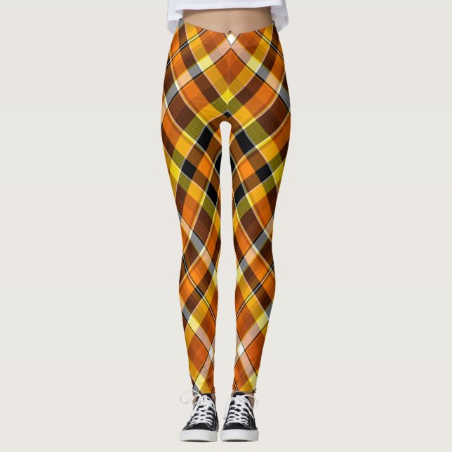 Halloween Orange, Gul & Svart Rutig Leggings (Framsida)