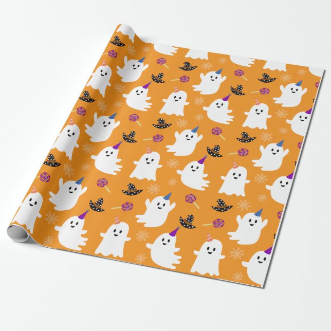 Halloween Orange Kawaii Ghost Wrapping Papper Presentpapper (Utrullad)