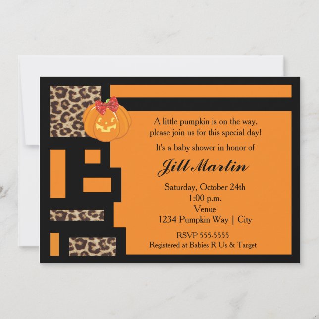 Halloween Orange & Leopard Baby Shower-inbjudan Inbjudningar (Framsida)