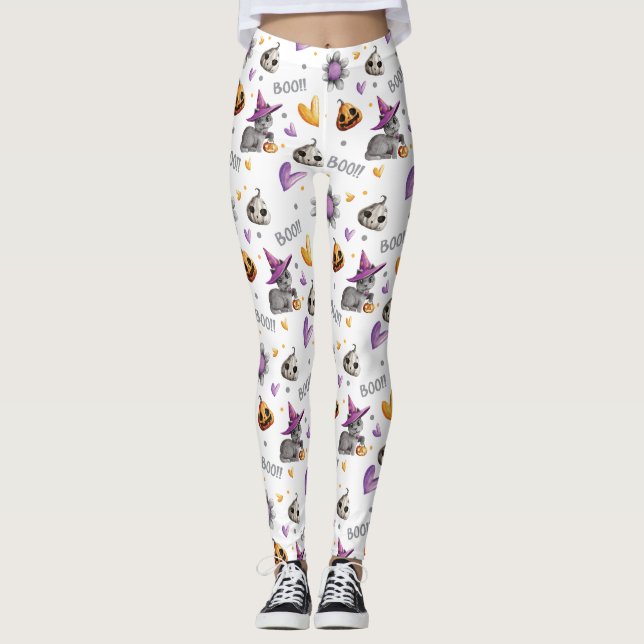 Halloween Orange & Lila Cats Pumpkins & Hearts Leggings (Framsida)