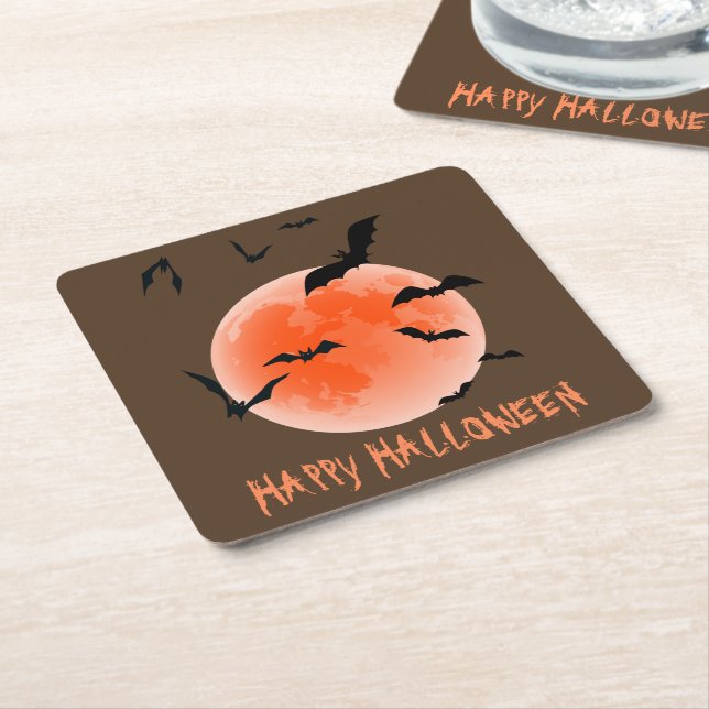 Halloween Orange Måne och Black Fladdermus Underlägg Papper Kvadrat (Vinklad)