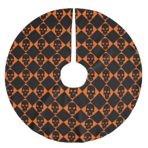 Halloween Orange och Black Harlequin Skull Julgransmatta Borstad Polyester