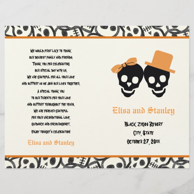 Halloween orange och bröllopsprogram med svart ska (Framsida)