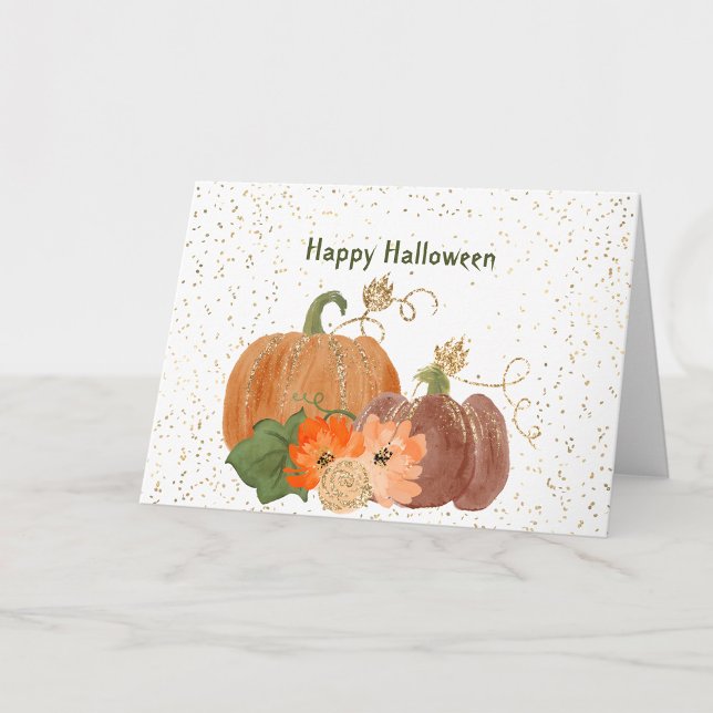 Halloween Orange Pumpkins Blommor Guld Kort (Skapare uppladdad)