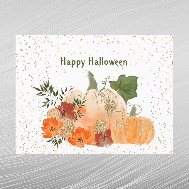 Halloween Orange Pumpkins Guld Confetti Flowers Helg Vykort (Skapare uppladdad)