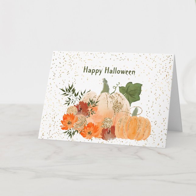 Halloween Orange Pumpkins Guld Confetti Flowers Kort (Skapare uppladdad)