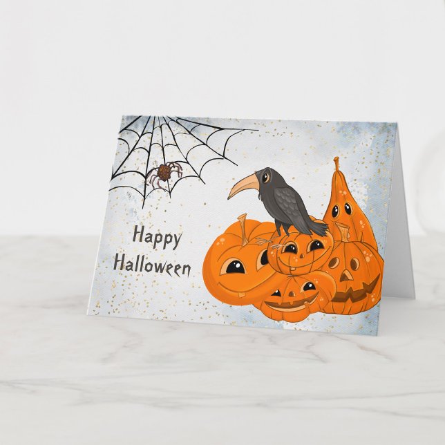 Halloween Orange Pumpkins Kråka Spindelnät Kort (Skapare uppladdad)