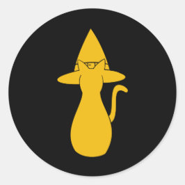 Halloween Orange Silhouette Witchy Cat med hatt Runt Klistermärke
