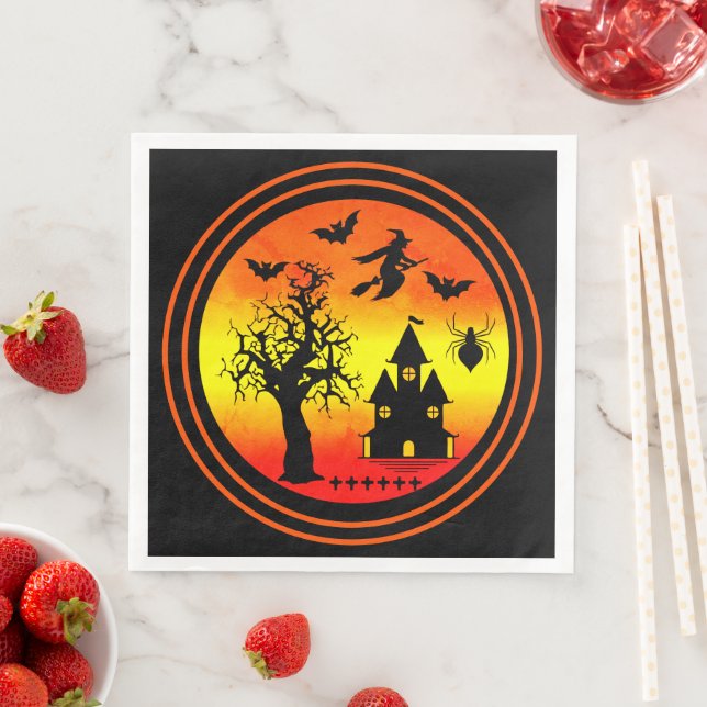 Halloween Orange Sunset Witch Haunted House Party Pappersservett (Insitu)