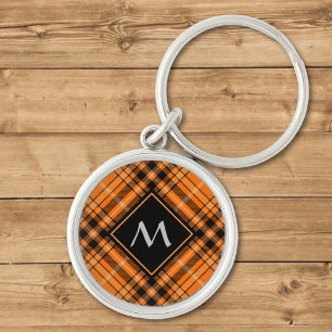 Halloween Orange Tartan Rund Silverfärgad Nyckelring