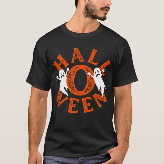 Halloween Orange Typografi Spöken T Shirt (Framsida)