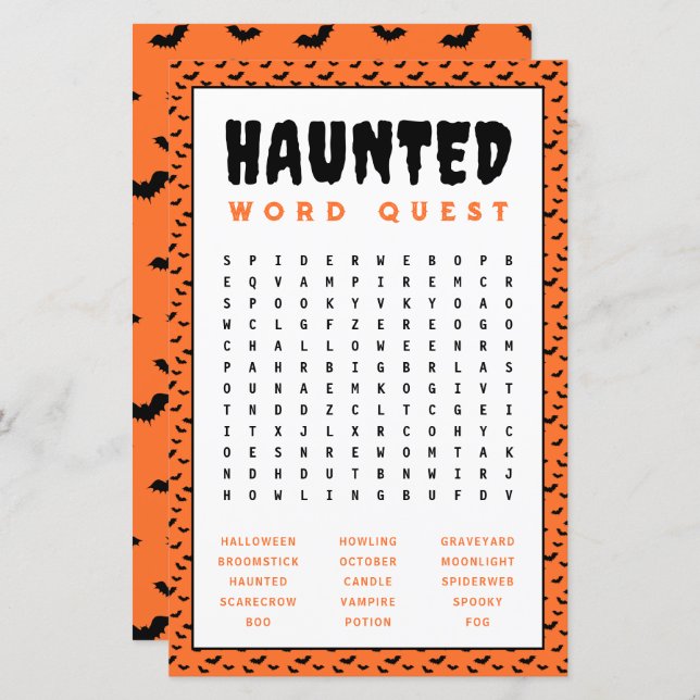 Halloween Ord Search-spel | Spel i Ord utan tak (Fram/baksida)