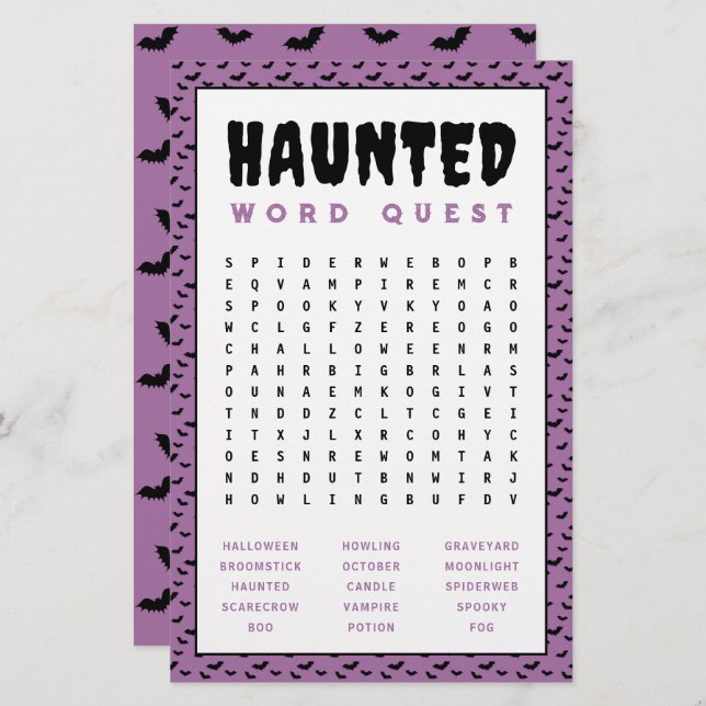 Halloween Ord Search-spel | Spel i Ord utan tak Brevpapper (Fram/baksida)
