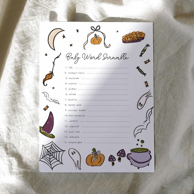 Halloween Ord-skammusslor för babyskor (A Little Boo is Almost Due Halloween Word Scramble Baby Shower Game)