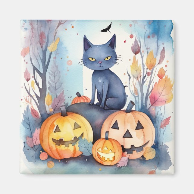Halloween Oriental Blå Katt Med Pumpa Skräckinjaga Magnet (Framsidan)