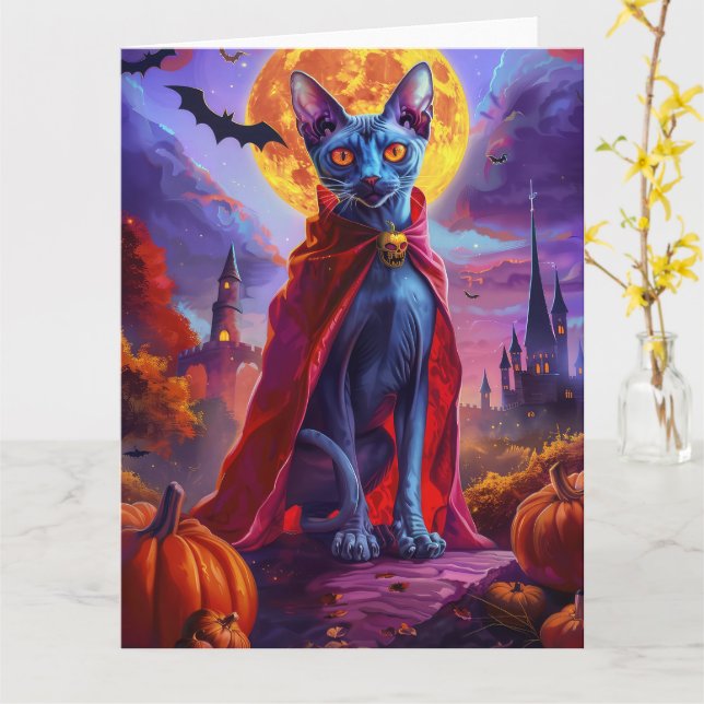 Halloween Oriental Blå Katt Vampyr Pumpa Skräck Kort (Gul blomma)