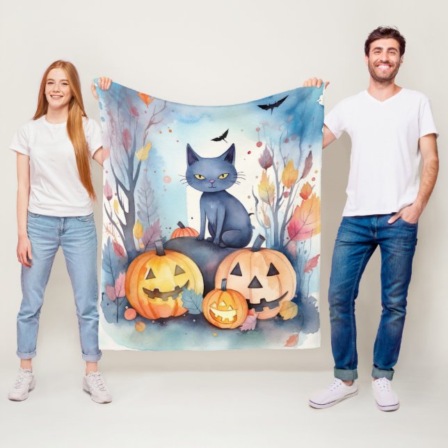 Halloween Oriental Blue Cat with Pumpkins Scary Fleecefilt (På plats)