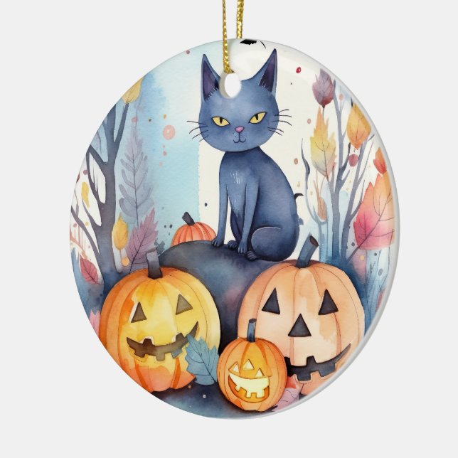 Halloween Oriental Blue Cat with Pumpkins Scary Julgransprydnad Keramik (Vänster)