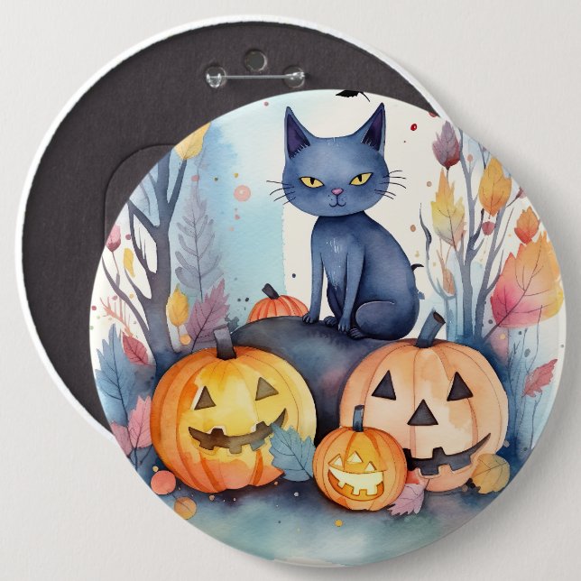 Halloween Oriental Blue Cat with Pumpkins Scary Knapp (Framsida & baksida)