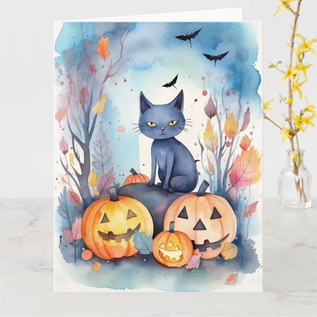 Halloween Oriental Blue Cat with Pumpkins Scary Kort (Gul blomma)