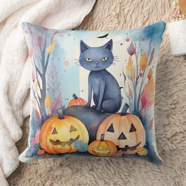 Halloween Oriental Blue Cat with Pumpkins Scary Kudde (Filt)