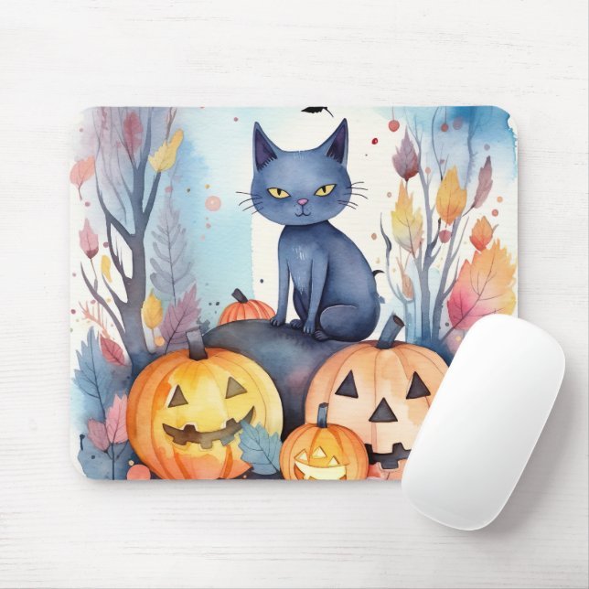 Halloween Oriental Blue Cat with Pumpkins Scary Musmatta (Med mus)