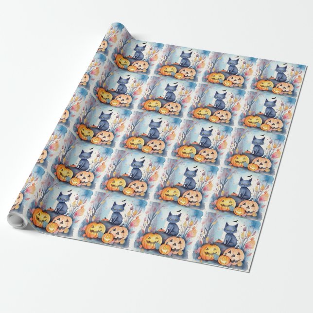 Halloween Oriental Blue Cat with Pumpkins Scary Presentpapper (Utrullad)