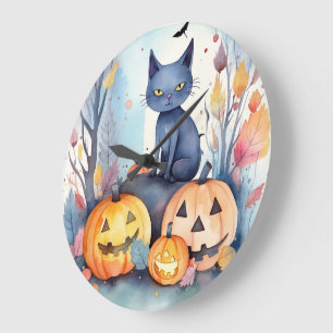 Halloween Oriental Blue Cat with Pumpkins Scary Stor Klocka