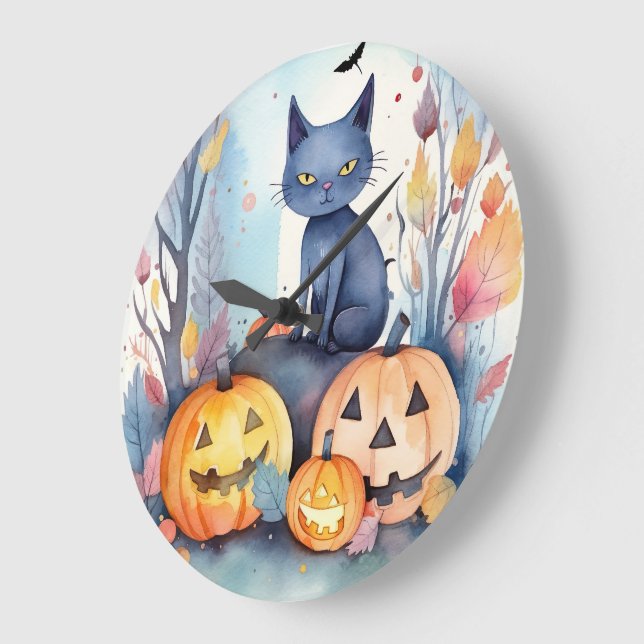 Halloween Oriental Blue Cat with Pumpkins Scary Stor Klocka (Vinkel)