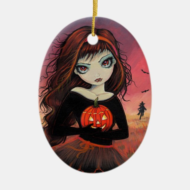 Halloween-ornament Storögd flicka med pumpa Julgransprydnad Keramik (Framsidan)