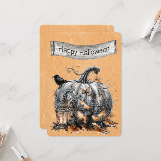 Halloween Ornate Steampunk Grått Pumpkin (Fram/Back In Situ)